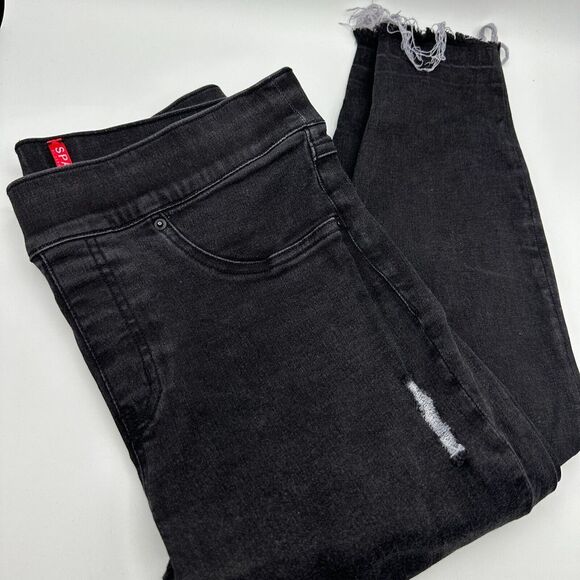 Spanx Jeans Women's Size M Medium Pull On High Rise Skinny Stretch Black Raw Hem - Picture 1 of 7